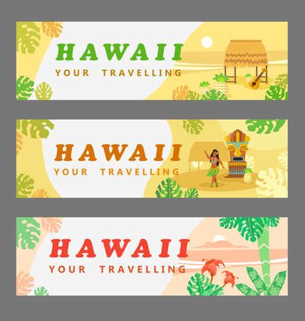 Collection of Hawaiian banners. Travelling, palms, woman, guitar, flower. Flat vector illustration can be used for invitations, posters and announcementsのイラスト素材