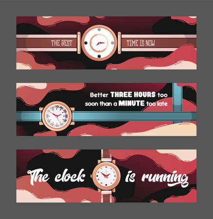 Stylish banners with watches vector illustration. Vivid graphic elements on background and impressive text. Time management concept. Template for promotional poster or advertising flyer designのイラスト素材