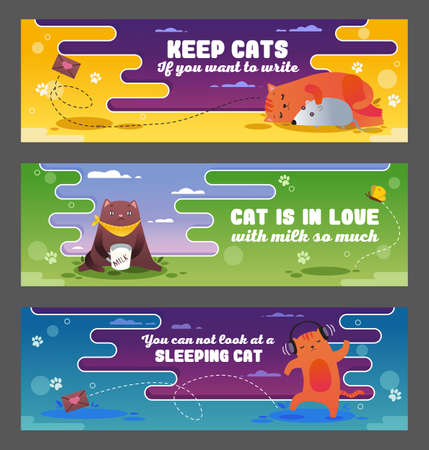 Vivid banners with funny cats vector illustration set. Bright colorful background and text. Mascot and animal concept. Template for party poster, advertising brochure or flyerのイラスト素材