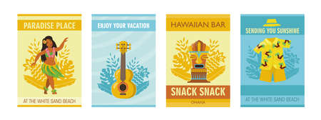 Colorful Hawaiian posters with traditional symbols vector illustration. Vivid graphic elements for Hawaii, summer vacation and island concept. Template for promotional poster or flyerのイラスト素材