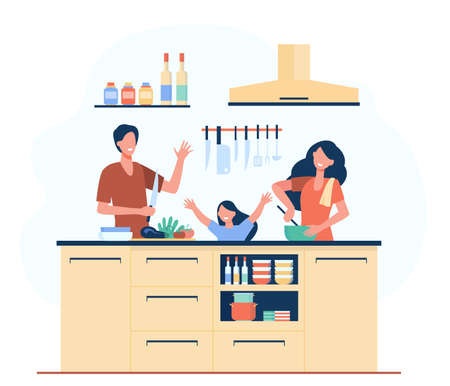 Happy mother, father and daughter cooking together isolated flat vector illustration. Cartoon family preparing food at kitchen. Happiness and food culture conceptのイラスト素材