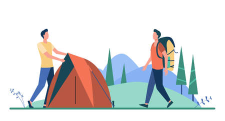 Two tourists pitching tent on meadow. Forest, nature. Flat vector illustration. Camping concept can be used for presentations, banner, website design, landing web pageのイラスト素材