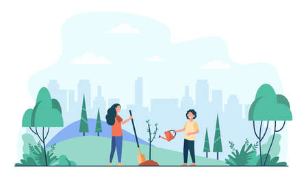 Kids planting tree in city park. Children with gardening tools working with green plants outdoors. Vector illustration for environment protection, gardening education conceptのイラスト素材