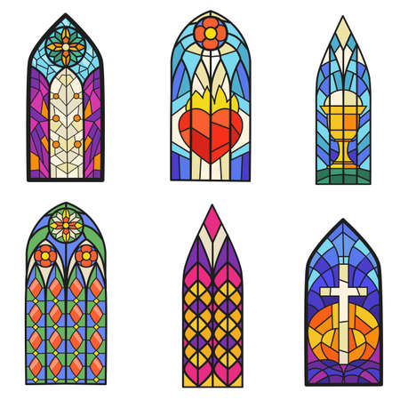 Gothic colorful stained glass windows flat item set. Cartoon fantasy drawn pointed arch for paper book isolated on white background vector illustration collection. Old style and art conceptのイラスト素材