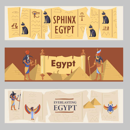 Egypt banners set. Egyptian pyramids, cats and gods vector illustrations with text. Templates for travel flyers or brochuresのイラスト素材