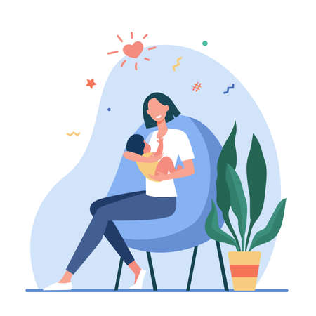 Happy new mom holding baby in arms. Breastfeeding, mother with child flat vector illustration. New parent, motherhood, parenthood concept for banner, website design or landing web pageのイラスト素材