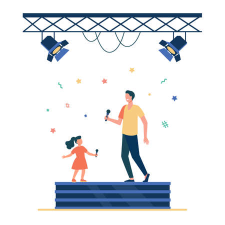 Kid and adult singers duet. Celebrity dad and daughter singing together on stage flat vector illustration. Performance, show, childhood concept for banner, website design or landing web pageのイラスト素材