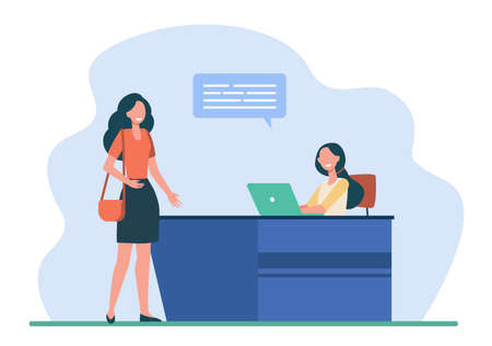 Female client or visitor talking with receptionist. Desk, speech bubble, laptop flat vector illustration. Service and communication concept for banner, website design or landing web pageのイラスト素材