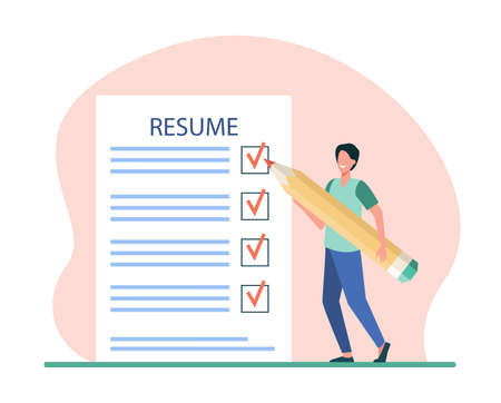 Tiny man preparing resume for new work search. Job, pencil, vacancy flat vector illustration. Occupation and hiring concept for banner, website design or landing web pageのイラスト素材