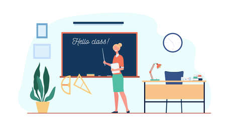 Happy teacher welcoming students in classroom, standing at blackboard with Hello Class inscription. Vector illustration for back to school, education conceptのイラスト素材