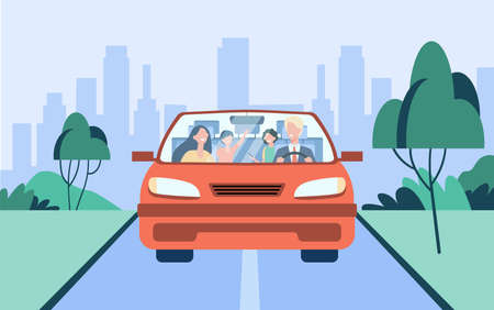 Happy family couple and two kids riding in car. Father driving automobile. Front view. Vector illustration for travel, road trip, transportation conceptのイラスト素材