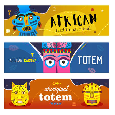 African ritual banners set. Ethnic tribal masks, traditional totem vector illustrations with text. Templates for carnival flyers or ethnic party invitation cardsのイラスト素材