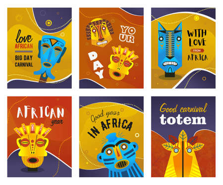 African greeting cards set. Ethnic tribal masks, traditional totem vector illustrations with text. Creative design for carnival flyers or ethnic party invitation cardsのイラスト素材