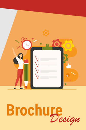 Checklist or survey concepts. Woman with pencil checking boxes in task list. Vector illustration for business success, goal achievement, tasks complete topicsのイラスト素材