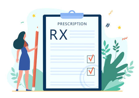 Tiny woman reading doctor prescription. RX, pencil, checkmark flat vector illustration. Medicine and healthcare concept for banner, website design or landing web pageのイラスト素材