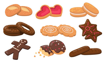 Colorful biscuits and cookies flat elements set. Cartoon fresh round sweet tasty cookies for dessert isolated vector illustration collection. Pastry and confectionery conceptのイラスト素材