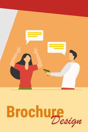 Angry guy threatening scary woman with gun. Speech bubble, weapon, attack flat vector illustration. Violence and crime concept for banner, website design or landing web pageのイラスト素材