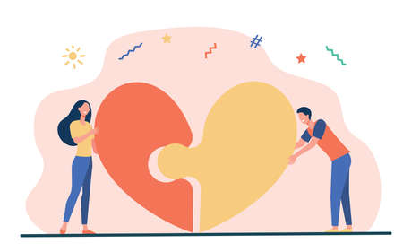 Happy young couple connecting heart halves. Puzzle, jigsaw, dating flat vector illustration. Love, relationship, romance concept for banner, website design or landing web pageのイラスト素材