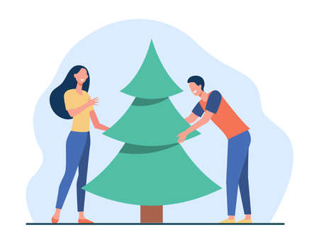 Young couple putting Christmas tree. Happy man and woman celebrating Xmas flat vector illustration. Holiday, December, New Year party concept for banner, website design or landing web pageのイラスト素材