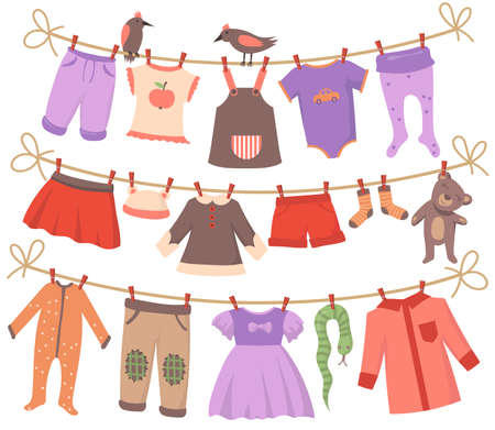 Drying baby clothes set. Clean small bodies, dresses, pants, shorts, socks, pajamas, toys hanging on ropes with birds. Vector illustrations collection for infants garments, parenthood, laundry conceptのイラスト素材