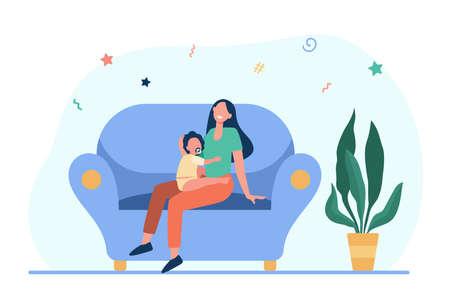 New mom holding kid on lap. Mother and toddler with pacifier sitting on couch at home flat vector illustration. Motherhood, maternity leave concept for banner, website design or landing web pageのイラスト素材