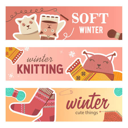 Winter knitting banners set. Pins and yarns, crochet, knitted toys, scarf and socks vector illustrations with text. Handmade hobby concept for craft shop flyers and brochures designのイラスト素材