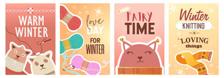 Winter knitting posters set. Pins and yarns, knitted toys and cloth vector illustrations with text. Handmade hobby concept for craft shop flyers and brochures designのイラスト素材