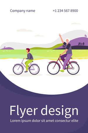 Active grandfather and grandson riding bikes together. Old man and boy cycling outdoors flat vector illustration. Lifestyle, activity, family concept for banner, website design or landing web pageのイラスト素材