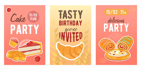 Creative cake holiday invitation designs with farinaceous food. Trendy birthday party invitations...