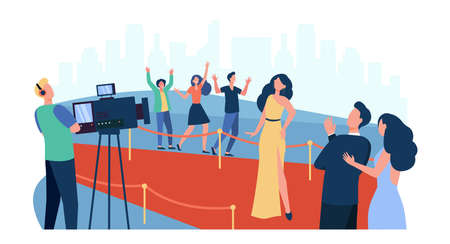 Celebrities posing to paparazzi and walking along red carpet isolated flat vector illustration....