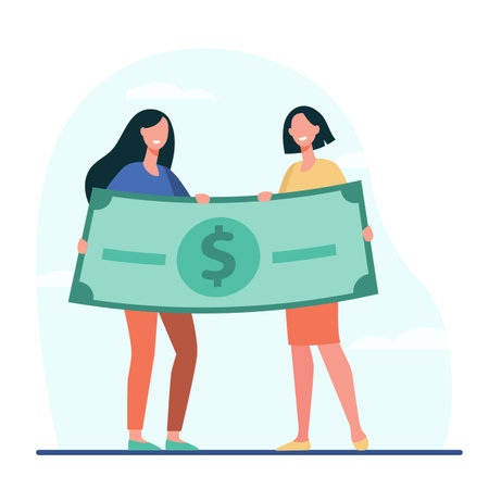 Women winning money prize. Happy girls holding huge dollar banknote flat vector illustration. Lottery, success, luck, concept for banner, website design or landing web pageのイラスト素材