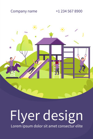 Happy children playing on playground with friends isolated flat vector illustration. Playful kids having fun, laughing and enjoying life. Childhood, playtime and summer activity conceptのイラスト素材