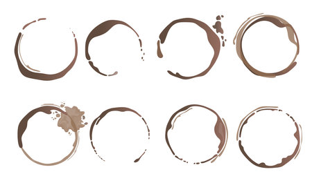 Abstract spots from cup of coffee flat set for web design. Cartoon dirty circles, ring splashes and drops isolated vector illustration collection. Abstraction and round traces conceptのイラスト素材