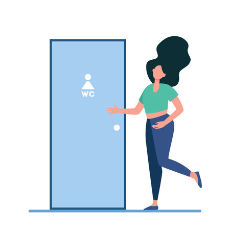 Woman waiting her turn at WC door. Lavatory, public convenience, toilet room flat vector illustration. Public place, hygiene concept for banner, website design or landing web pageのイラスト素材