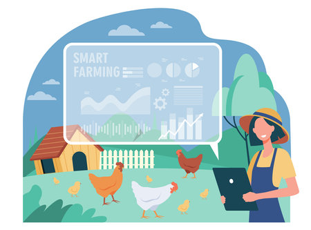 Happy female farmer working with smart farm flat vector illustration. Cartoon woman farming and analyzing data on feeding poultry. Automation and implementation technology conceptのイラスト素材