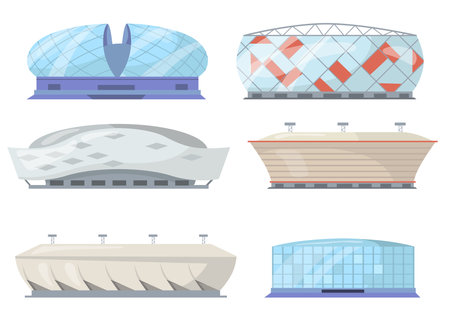 Front view of sport stadiums flat set for web design. Cartoon city athletics arena exterior in pastel colors isolated vector illustration collection. Architecture and construction conceptのイラスト素材