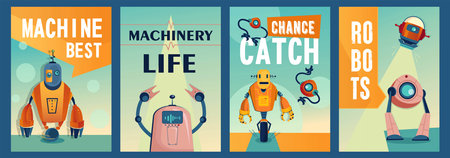 Robotic characters posters set. Robots, cyborgs, electronic assistants vector illustrations with...