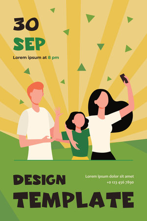 Parents and daughter taking selfie together. Using smartphone for video call, waving hello flat vector illustration. Family, communication concept for banner, website design or landing web pageのイラスト素材
