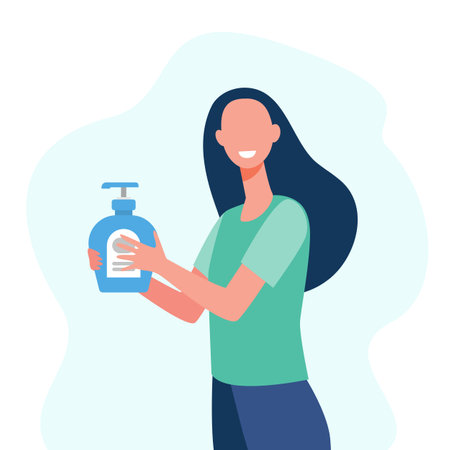 Smiling woman holding bottle with sanitizer. Virus, pandemic, health flat vector illustration. Disinfection and hygiene concept for banner, website design or landing web pageのイラスト素材