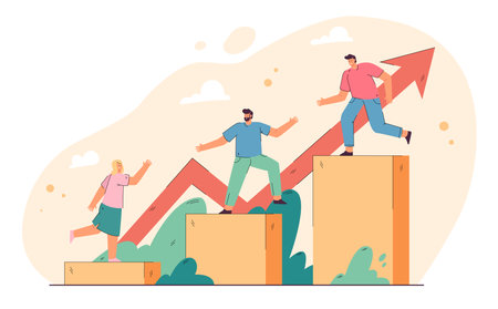 Leadership and teamwork concept. Team leader helping employees wot walk upstairs. Employees giving hands to each others and climbing on top of growing diagramのイラスト素材