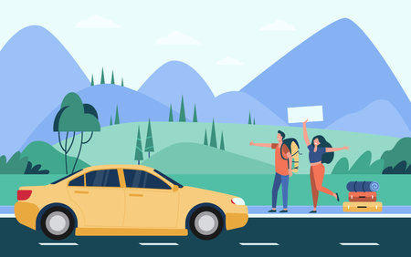 Happy couple of tourists with backpacks and camping stuff hitchhiking on road and thumbing yellow car. Mountain landscape. Vector illustration for travel, hiking, trekking, adventure conceptのイラスト素材