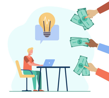 Cheerful guy earning money for his idea. Specialist, laptop, freelance flat vector illustration. Business and financial independence concept for banner, website design or landing web pageのイラスト素材