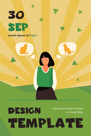 Woman choosing between cat and dog adoption. Pet owner, thought bubble, choice flat vector illustration. Animal care, adoption, lifestyle concept for banner, website design or landing web pageのイラスト素材