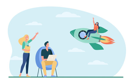 Happy woman sitting on rocket and waving colleagues. Fire, start, laptop flat vector illustration. Project startup and new business concept for banner, website design or landing web pageのイラスト素材