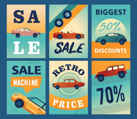 Sale brochure designs with different cars. Modern automobiles on colorful background. Transport and transportation concept. Template for promotional leaflet or flyerのイラスト素材