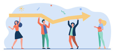 Tiny characters holding huge arrow together. Growth, coworking, help flat vector illustration....