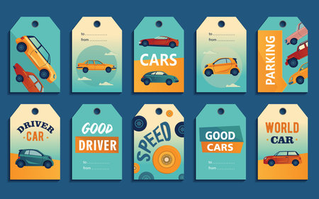 Special tag designs with retro and modern automobiles. Different cars on colorful background with text. Transport and transportation concept. Template for greeting labels or invitation cardのイラスト素材