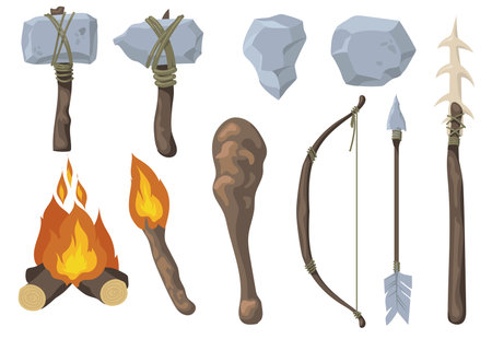 Neanderthal primitive rock weapon flat set for web design. Cartoon ancient arrow, bow, axe, mace, spear isolated vector illustration collection. Stone age tools and evolution conceptのイラスト素材