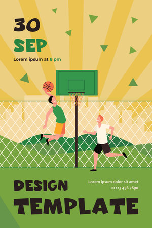 Happy young men playing basketball on court. Two team players training at fence and throwing ball into basket. Vector illustration for urban stadium, sport activity conceptのイラスト素材