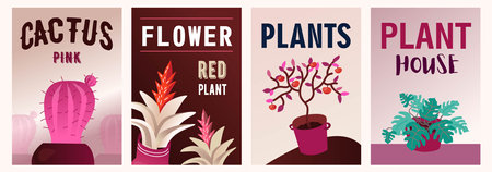Home plants posters set. Cactus, monstera, succulents in pots vector illustrations with text. Flora and gardening concept for flyers and brochures designのイラスト素材